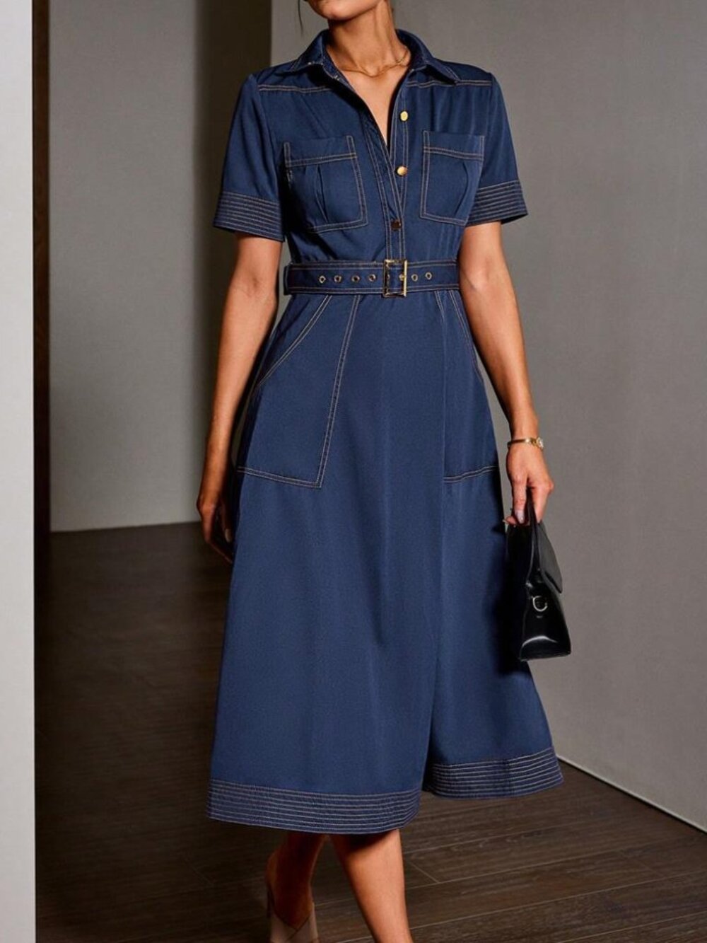 Vintage Inspired Blue Midi Shirt Dress | Elegant Collared Button Front Belted - Picture 3 of 6